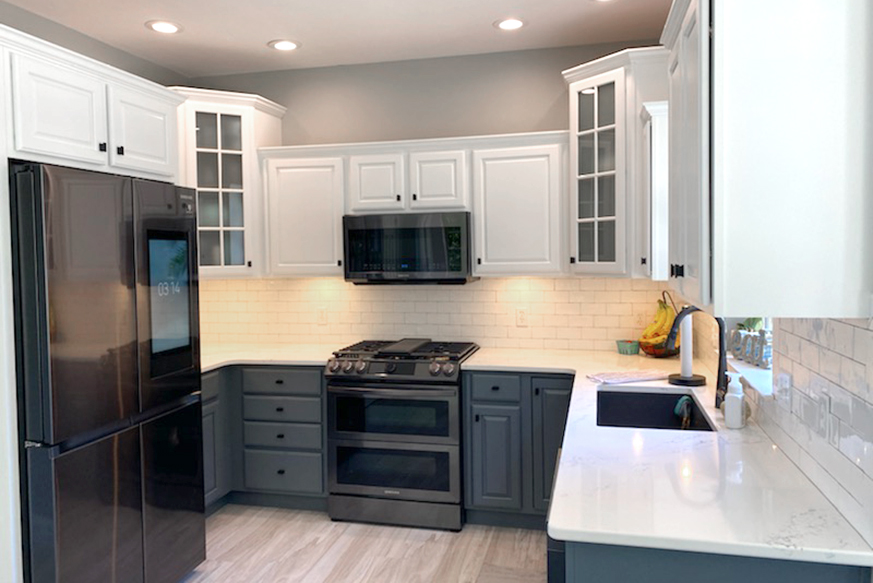 White and blue kitchen cabinet refinishing